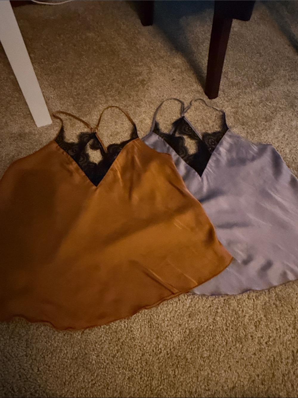 Free People (2) Satin Lace Cami Set in Rust Brown and Lavender